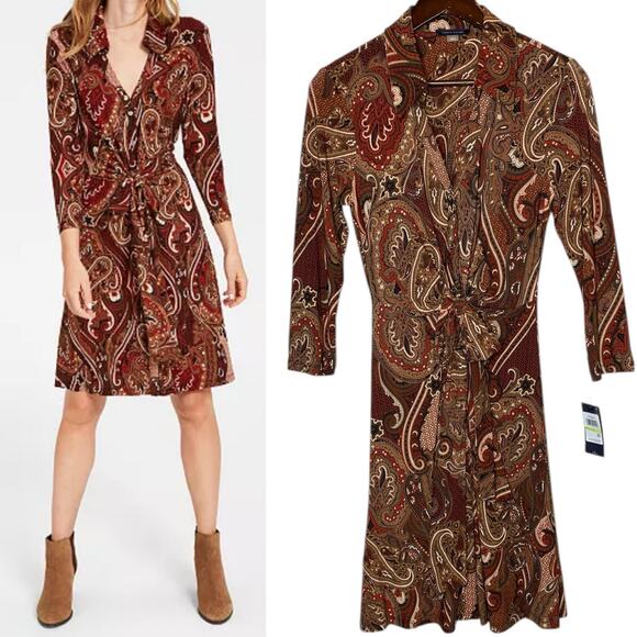 Tommy Hilfiger Matte Jersey Brown Paisley Shirt Dress Tie Waist size 4 - Picture 1 of 5